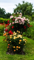 Obraz premium Lush garden display of various rose bushes in vibrant colors