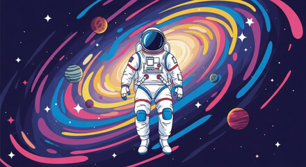 An astronaut floats in the vast expanse of space, surrounded by planets and a swirling galaxy background