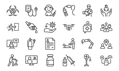24 Medical and Healthcare Line Icons Hospital, Doctor, Patient Care, Emergency, Surgery, Pharmacy, Vaccination, Telemedicine, First Aid, and Medical Equipment Vector Icon Bundle