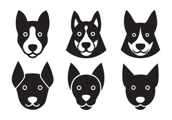 Minimalist Dog Face Icon Set. 6 Black and White Breed Silhouettes with Pointed and Floppy Ears.