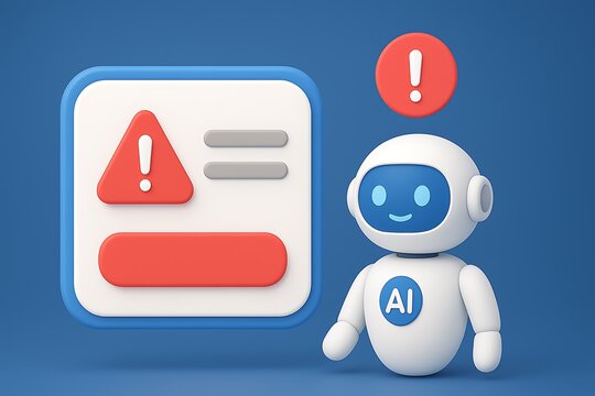 AI interface showing prompt error warning and system alert. AI prompt failure can lead to incorrect output or hallucination. Managing AI prompt error is crucial in safe AI deployment. Spline 3D Render