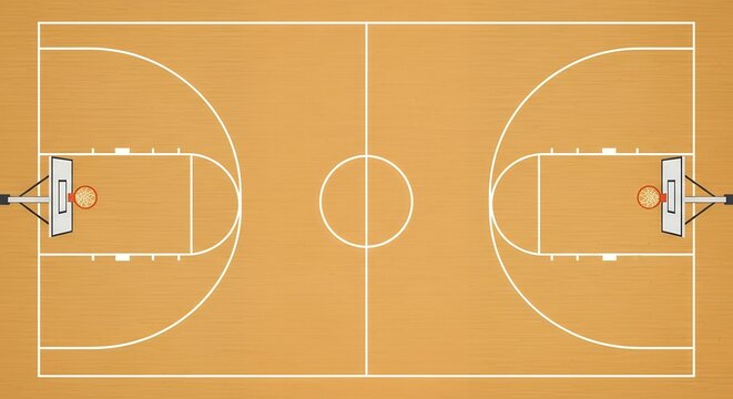 Basketball Court with Wooden Floor and White Lines Overhead View