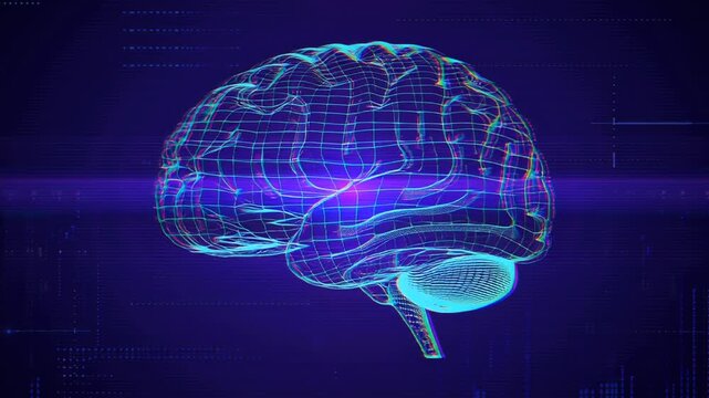 High-tech AI brain animation with vibrant neon holographic grids and dynamic digital data flow - Powered by Adobe