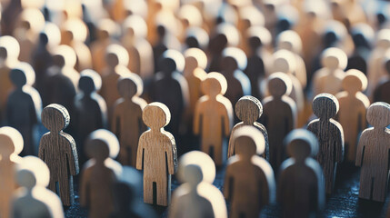 Obraz premium A group of wooden figures, including a prominent one, standing in a crowd of similar figures against a blurred background.