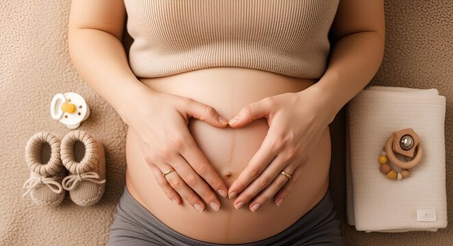 Close-up of a pregnant woman's belly with hands in a heart shape, surrounded by baby essentials like booties and a pacifier.