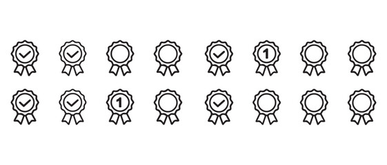Ribbon Award Icon Set. Check Marks, Number One & Blank Badges for Recognition, Ranking & Achievement Design.