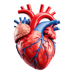 Detailed anatomical rendering of a human heart, showcasing arteries and veins in red and blue.