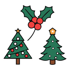 Christmas Icon Set. Holly Leaves, Red Berries & Decorated Trees for Festive Holiday Design & Seasonal Graphics.