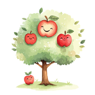 Watercolor Apple Tree with Happy Apples