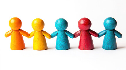 Five wooden figures in a row, each with a different color: orange, yellow, blue, red, and green.