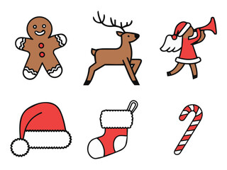 Christmas Icon Set. Gingerbread Man, Reindeer, Santa, Hat, Stocking, and Candy Cane.