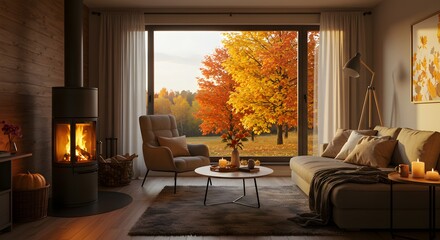 Cozy modern living room with a burning fireplace and a large window overlooking a scenic autumn forest landscape at sunset.