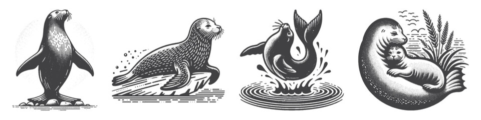 Obraz premium Vintage Hand-Drawn Seal Illustration, Dancing on Water Engraved Vector for Marine Theme and T-Shirt Design