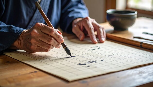 Elderly Person Practicing Traditional Calligraphy - Powered by Adobe