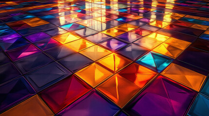 Abstract glowing geometric floor with vibrant futuristic pattern stretching into the distance