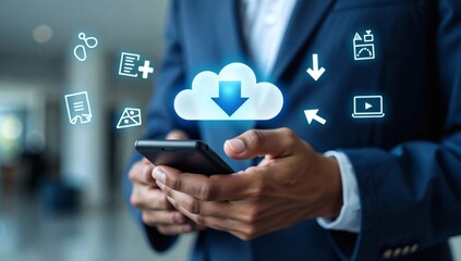 Businessman Using Smartphone with Cloud Technology and Data Sharing Concept Icons