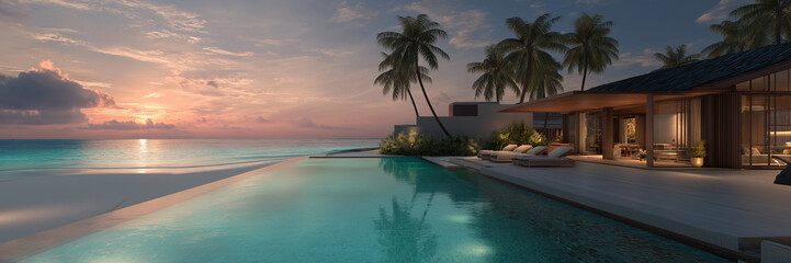 Banner luxury modern beachfront resort villa overlook crystal blue swimming pool ocean view.