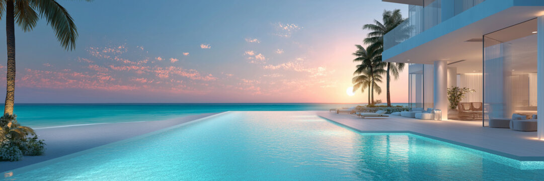 Banner luxury modern beachfront resort villa overlook crystal blue swimming pool ocean view.