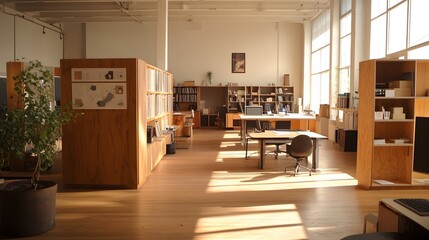 Fototapeta premium Modern Bright Office Interior with Wooden Furniture and Natural Light