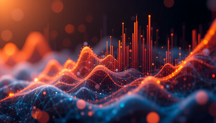 Dynamic digital data streams flowing with vibrant orange and blue abstract lines and glowing bokeh effects