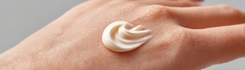 Fototapeta premium Puffy cream for circles and skin concept. A close-up of a hand with cream applied for skincare.
