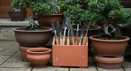 Bonsai trees, gardening tools, and terracotta pots for horticulture and plant care