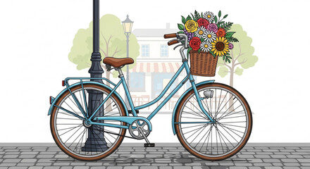 Charming blue bicycle with a basket full of colorful flowers parked on a cobblestone street