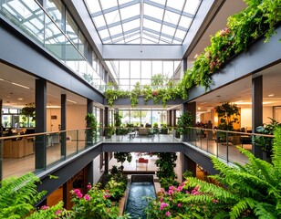 Modern atrium with lush indoor plants, glass ceilings, and multiple levels