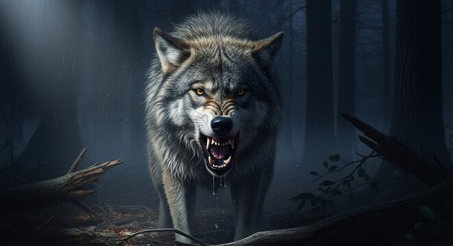 Aggressive Gray Wolf Showing Teeth in Dark Forest at Night with Intense Yellow Eyes - Powered by Adobe