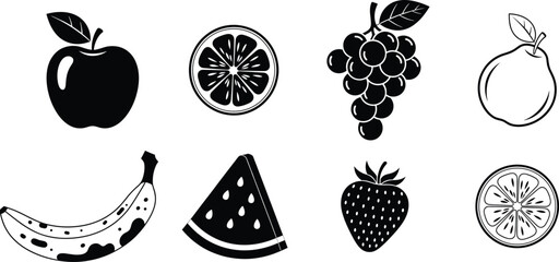 Black and white fruit collection vector, apple, banana, orange slice, grape, pear, strawberry, watermelon, citrus, healthy food, icon, illustration, isolated