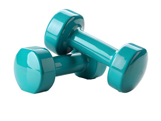 Pair of teal dumbbells for fitness training isolated on a white background