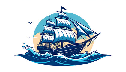 Pixel Art Illustration Of Sailing Ship On Choppy Waves Against A Round Beige And Blue Sky
