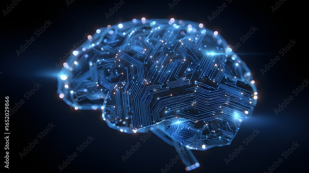 Poster digital brain illustration showing a circuit board pattern.