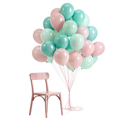 Minimal Birthday Scene with Soft Pastel Balloons Bouquet with Pink Chair, transparent background