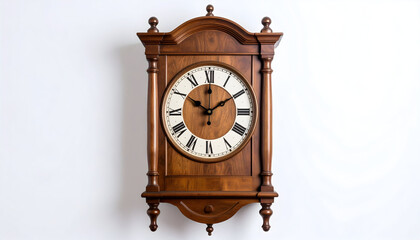 Antique Wooden Wall Clock Against White Background Featuring Roman Numerals and Ornate Details