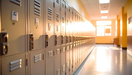 Empty School Hallway with Rows of Metal Lockers bathed in Warm Sunlight