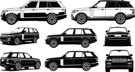 Black and white Range Rover vector illustration, luxury SUV collection, car side front rear view, off-road vehicle design, automotive icon set, transport graphic art