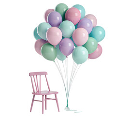 Minimal Birthday Scene with Soft Pastel Balloons Bouquet with Pink Chair on white background