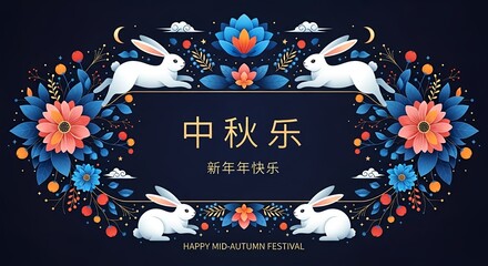 Happy Mid-Autumn Festival with Lanterns, Flowers, and Rabbits - A Celebration of Autumn Harvest and Lunar Beauty