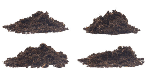 Close-up of black fertile soil set, soil pile, black biosoil or soil texture, isolated on white...