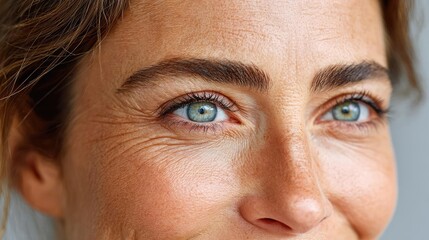 Fototapeta premium Puffy cheeks under circles and skin concept. Close-up of a woman smiling, showcasing her blue eyes and warmth.