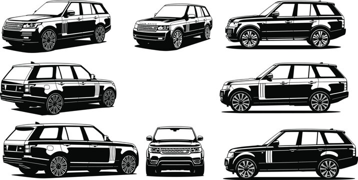 Black and white SUV vector illustration, luxury SUV collection, off-road vehicles, car silhouette set, modern SUV design, automobile graphics