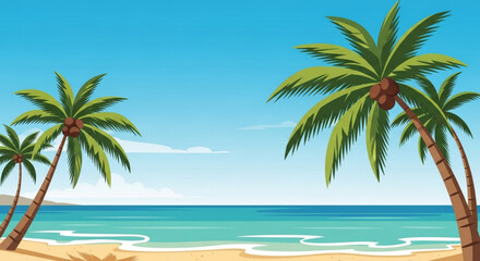 Tropical beach with palm trees, blue sea, and clear sky for summer vacation
