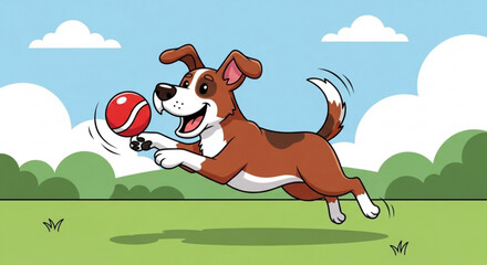 A happy dog running and playing with a ball in a park on a sunny day, cartoon illustration