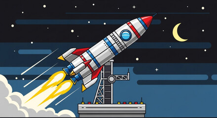 A colorful rocket is launching into space with stars and moon in the night sky vector illustration
