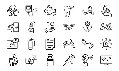 24 Medical and Healthcare Line Icons Hospital, Doctor, Patient Care, Emergency, Surgery, Pharmacy, Vaccination, Telemedicine, First Aid, and Medical Equipment Vector Icon Bundle