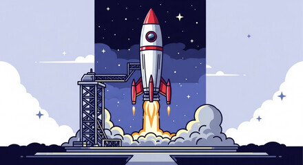 Rocket launch illustration with smoke and fire against a starry night sky background