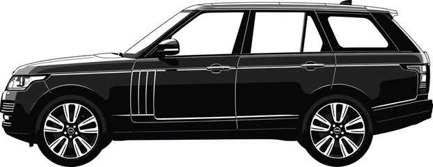 Black luxury SUV side view vector illustration, modern car design, Range Rover style vehicle, detailed automobile graphic, high-end off-road transport, sleek automotive silhouette