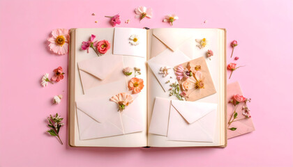 Open Journal Surrounded By Floral Decorations And Cream Envelopes Displayed On A Soft Pink Background
