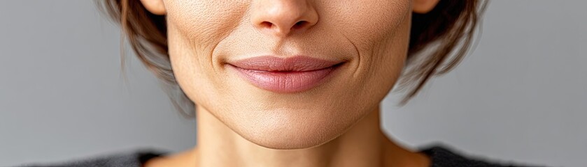 Fototapeta premium Puffy cheeks under circles and skin concept. Close-up of a woman's smile, showcasing confidence and warmth.